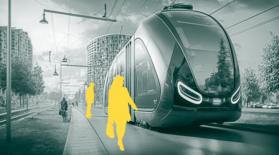 Electric train in a city background.