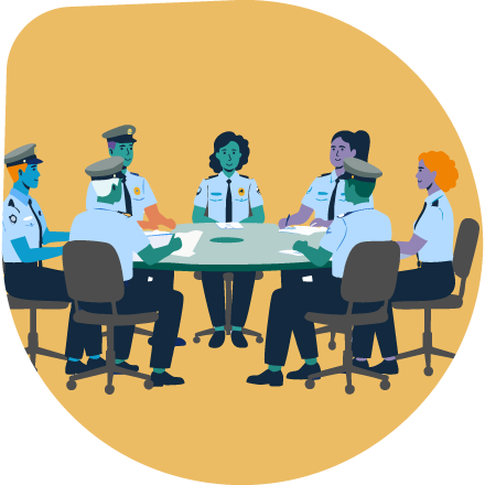 Illustration of multiple officers at a meeting.