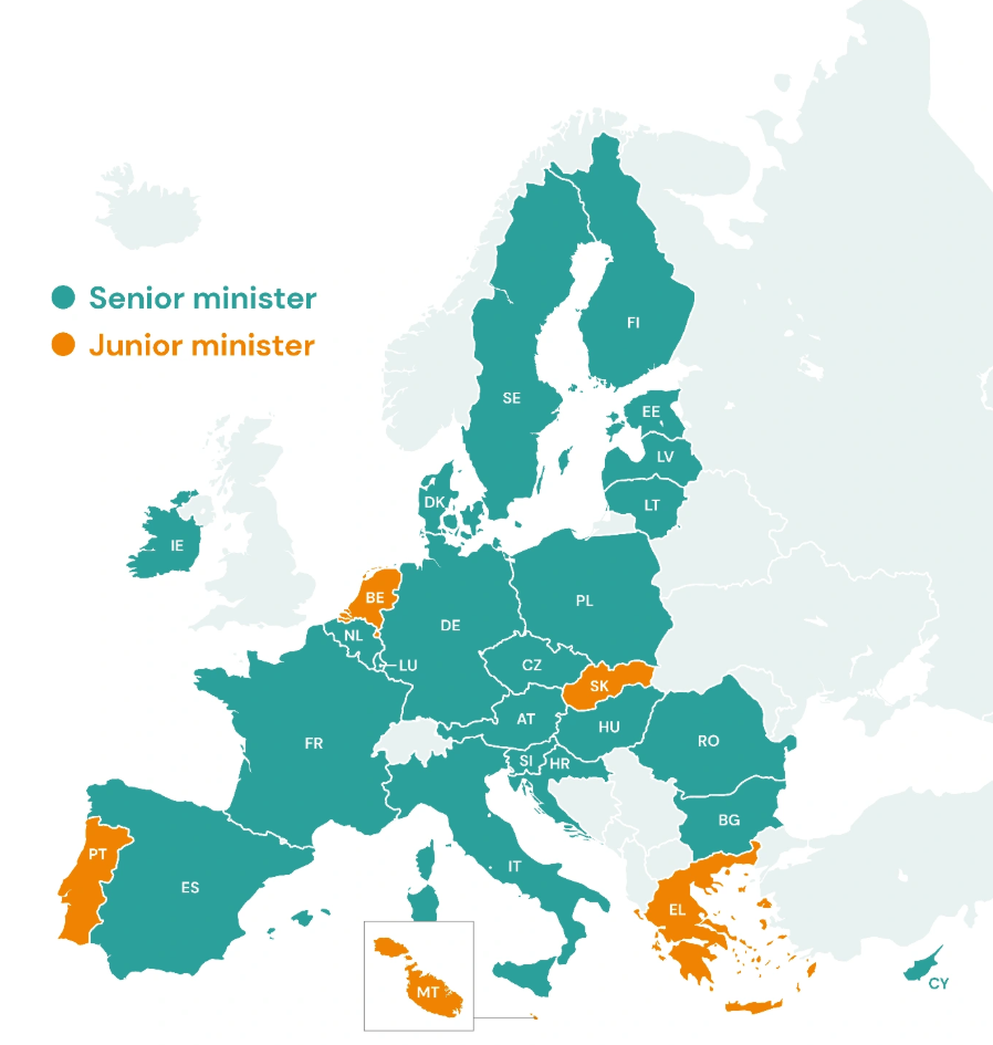 A colour-coded map of Europe showing which countries have senior or junior ministers responsible for gender equality. 