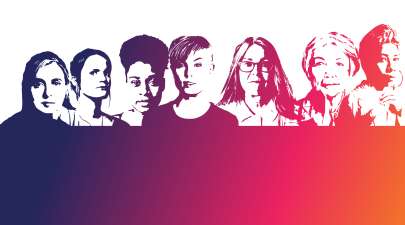 Illustrated faces of women of different ages and ethnicities